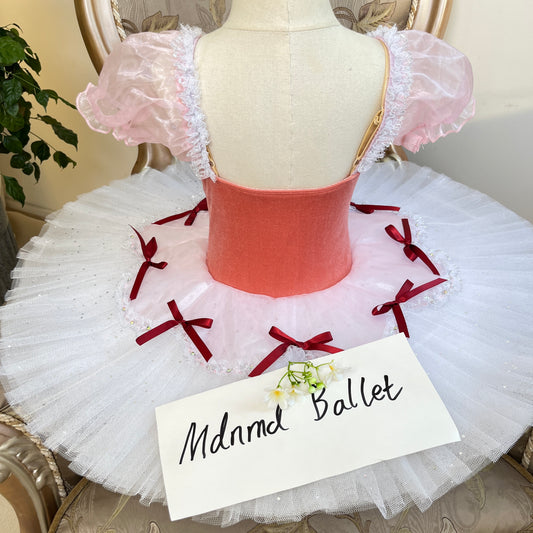 Pink and Coral Ballet Tutu with Puff Sleeves and Bow Accents - MDT1022