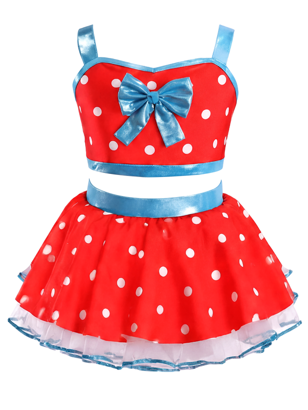 Girls Red Polka Dot Blue Bow 2 Piece Tutu Dance Costume