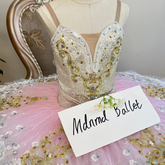 Pink Ballet Tutu with Golden Floral Embroidery for Performances - MDT0444