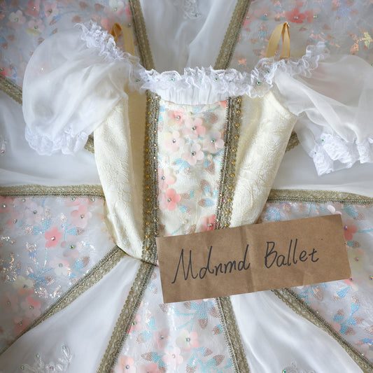 Floral Lace Ballet Tutu Dress for Girls – Ivory and Pink with Puff Sleeves -