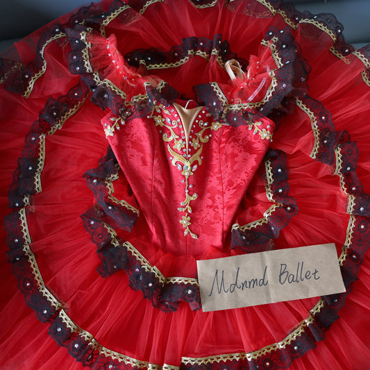 Spanish-Style Ballet Tutu Costume – Red & Black Lace with Gold Accents - MDT0591