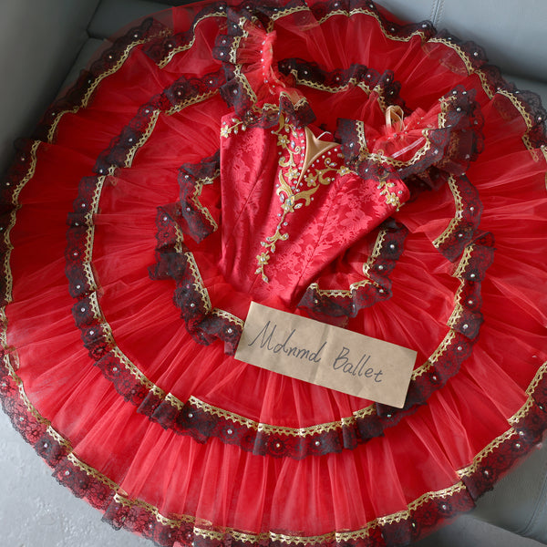 Spanish-Style Ballet Tutu Costume 锟斤拷 Red & Black Lace with Gold Accents - MDT0591