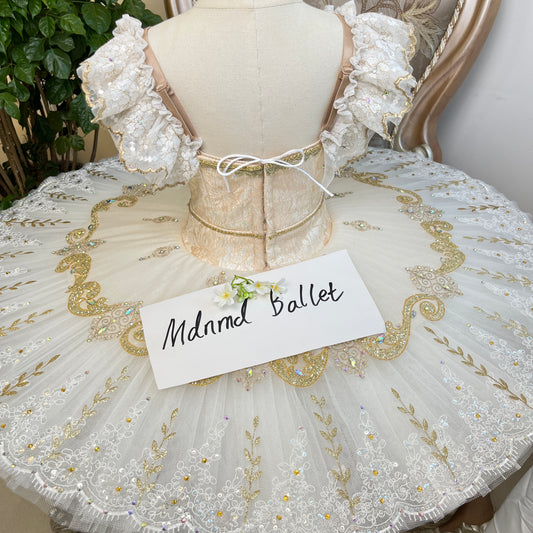 Graceful Ivory Tutu for Ballet - Embellished with Exquisite Gold Detailing and Sweet Puffed Sleeves-MDT0380