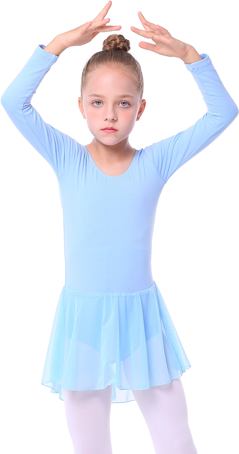 Girls' Long-Sleeve Ballet Leotard Dress with Tulle Skirt – Available in Multiple Colors, Ages 2-12