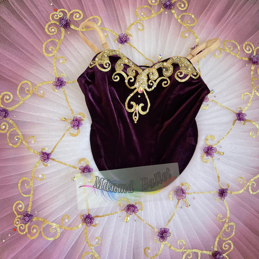 Gradient Plum Elastic Top Ballet Skirt: A Dance Gift for Girls, Golden - Embellished Dance Costume-MDT0510