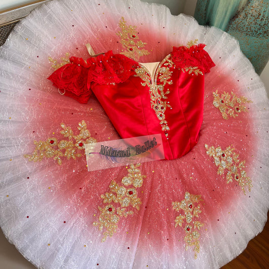 Red ballet short tutu, adorned with lace and sequin embellishments. Professional ballerina's ballet short tutu. -MDT0866