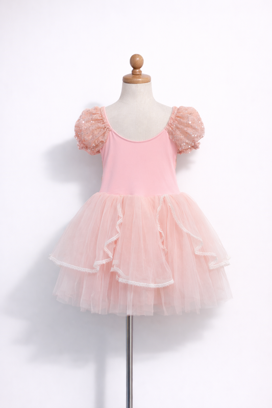 Little Girls Princess Dress Pink Puff Sleeve Sequin -ALP096