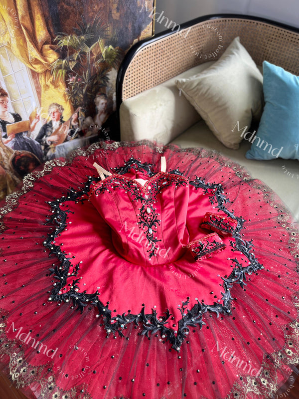 Custom Handmade Red Ballet Tutu with Black Lace & Pearl Embellishments