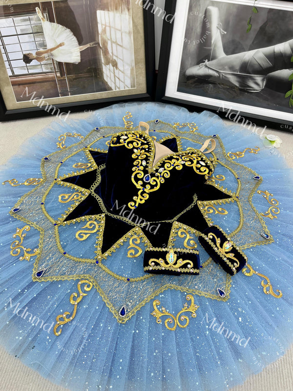 Custom Professional Ballet Performance Costume Blue Tutu Black Velvet Gold Embellishments