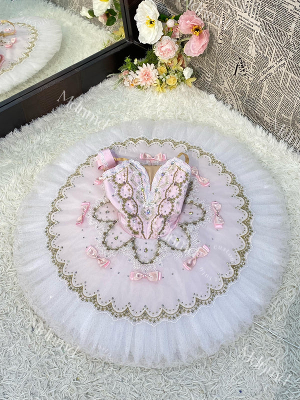 Custom Professional Ballet Performance Outfit Pink Tutu Gold Embellishments