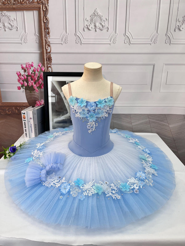 Handmade Swan Lake Ballet Gown: Lace Embroidery, Floral Design, Gradient Colors