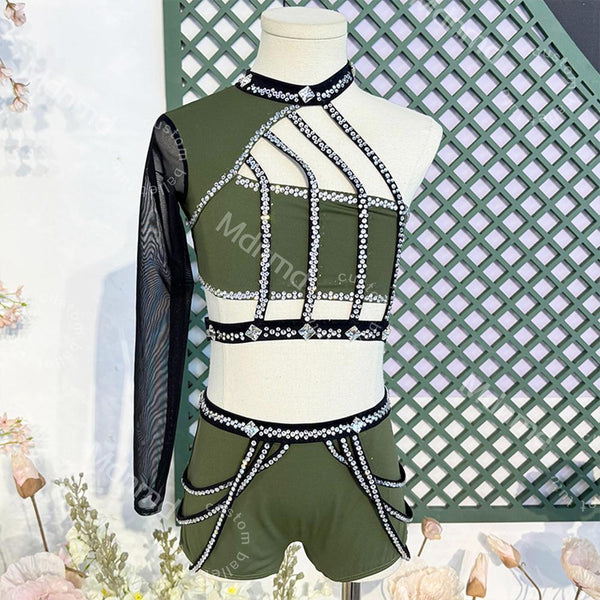 Olive Green Dance Costume with Crystal Cage Design Lyrical Solo Jazz Outfit Custom Handmade