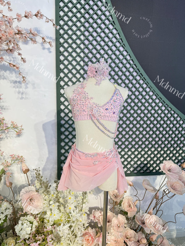 Contemporary Costume Handmade Pink Lyrical Dance Costume with Crystal Embellishments for Solo Performance