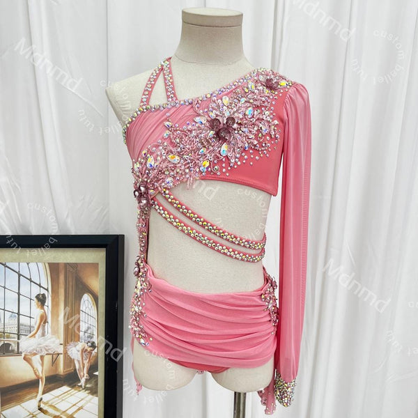Custom Handcrafted Blush Pink Freestyle Solo Lyrical Dance Costume for Kids & Adults - Crystal Embellished Contemporary Costume