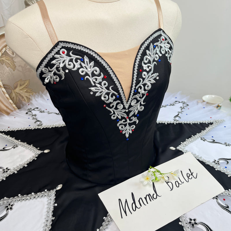 Elegant Black & White Embroidered Ballet Tutu Costume - MDT0001