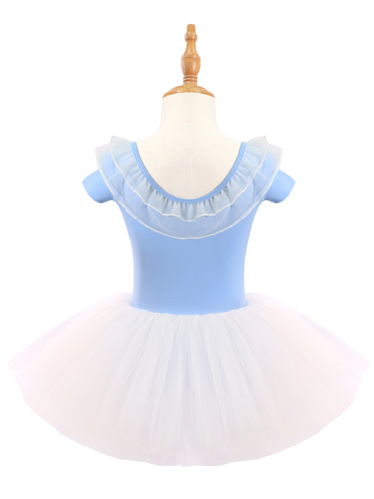 Girls Blue Ruffle Neck Ballet Leotard Tutu