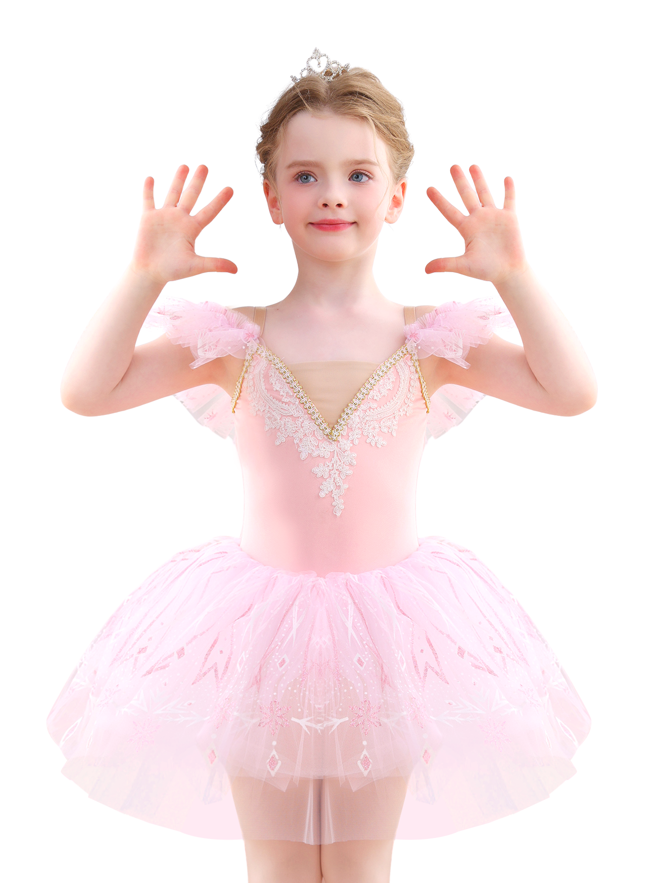 Girls Pink Snowflake Lace Ballet Tutu Dress, Ruffle Sleeve Dance Costume-ALP057