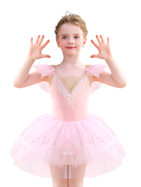 Girls Pink Snowflake Lace Ballet Tutu Dress, Ruffle Sleeve Dance Costume-ALP057