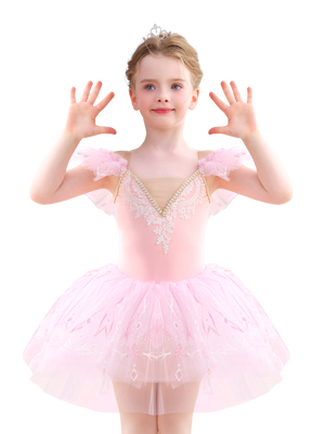 Girls Pink Snowflake Lace Ballet Tutu Dress, Ruffle Sleeve Dance Costume-ALP057