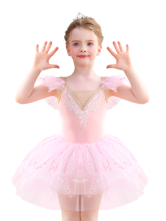 Girls Pink Snowflake Lace Ballet Tutu Dress, Ruffle Sleeve Dance Costume-ALP057