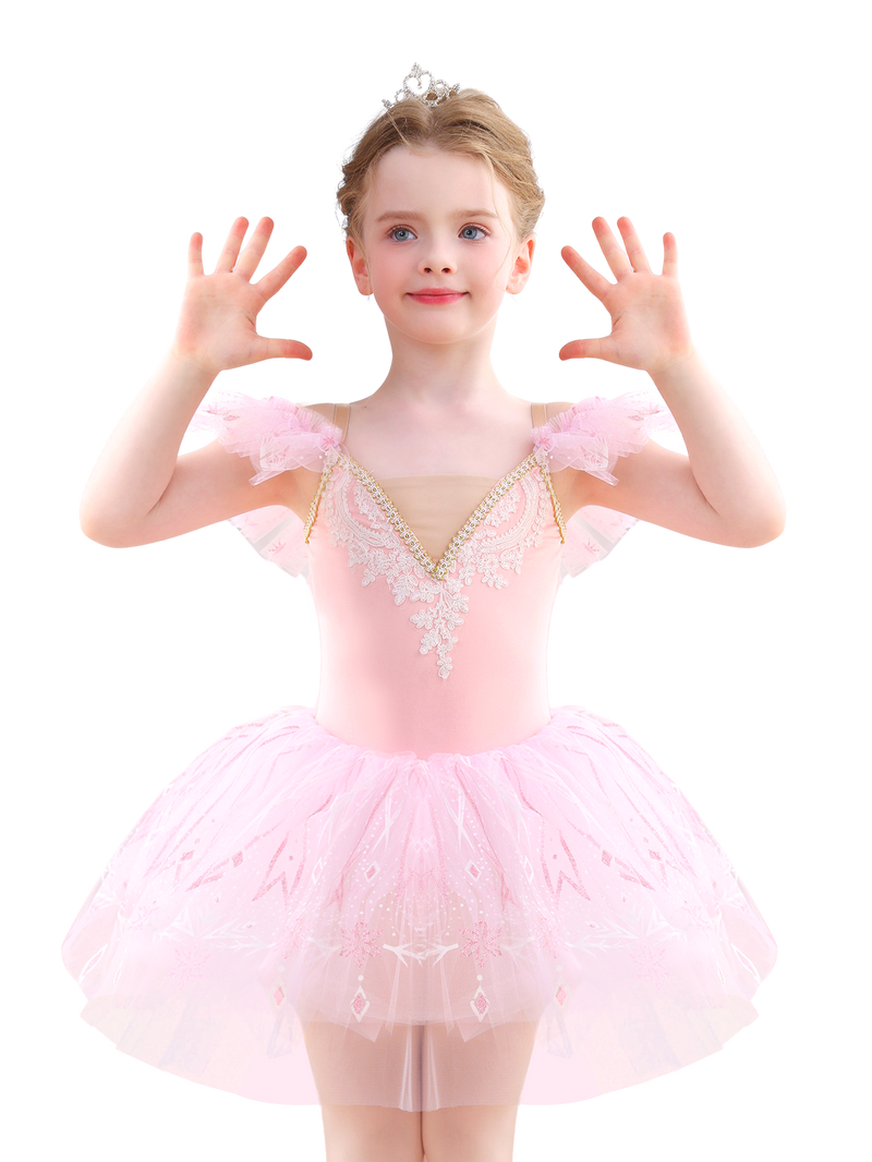 Girls Pink Snowflake Lace Ballet Tutu Dress, Ruffle Sleeve Dance Costume-ALP057