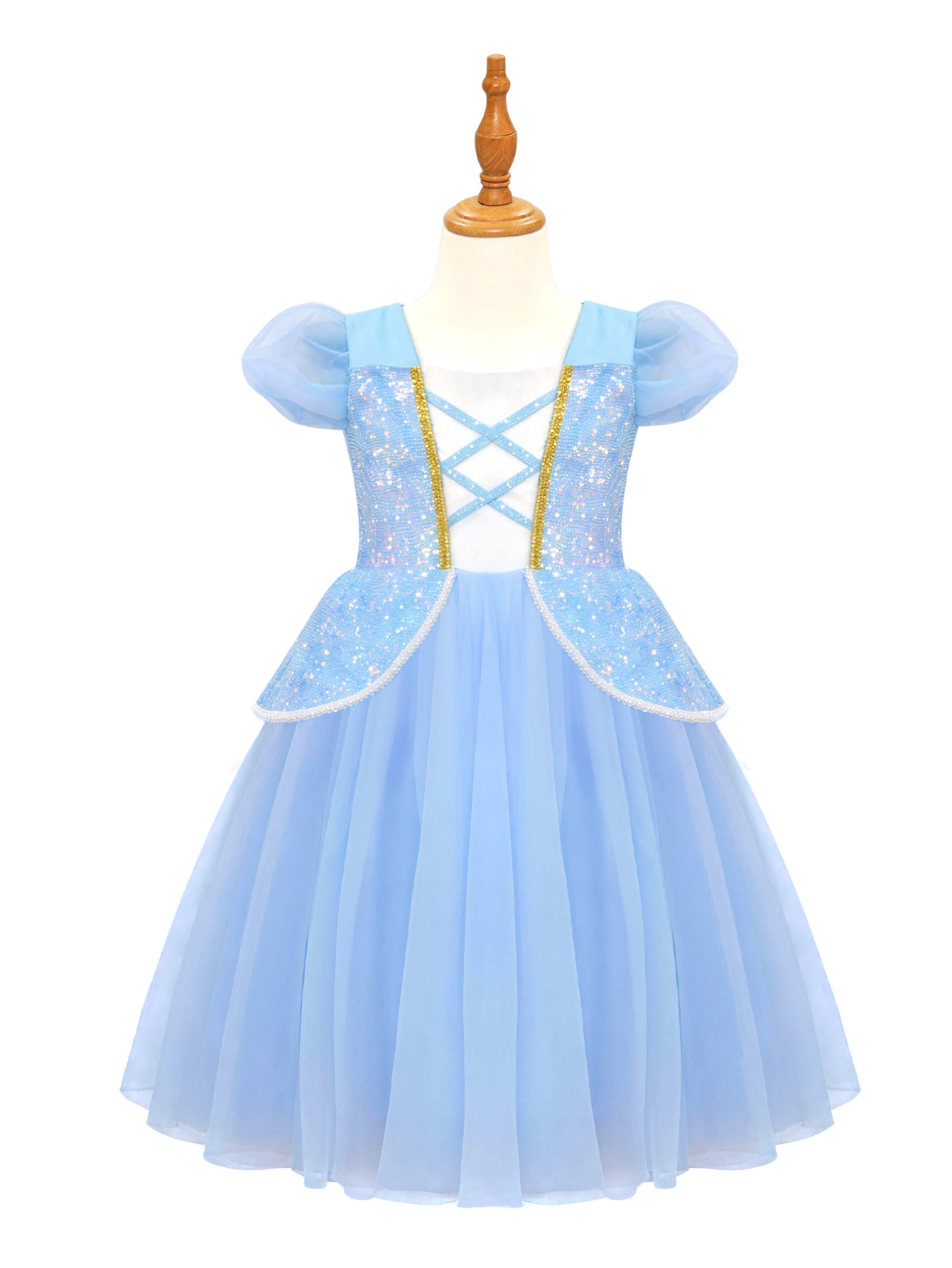 Girls Light Blue Sparkle Princess Dress, Puff Sleeve Costume with Bow Back-ALP0116