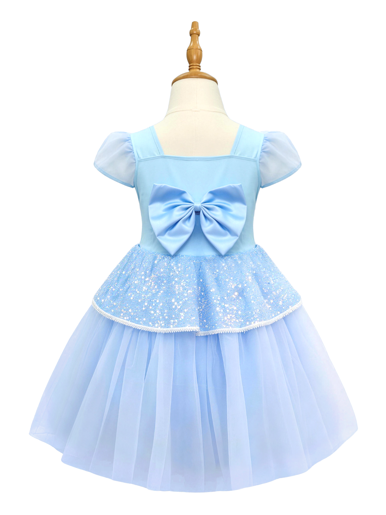 Girls Light Blue Sparkle Princess Dress, Puff Sleeve Costume with Bow Back-ALP0116