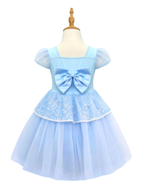 Girls Light Blue Sparkle Princess Dress, Puff Sleeve Costume with Bow Back-ALP0116