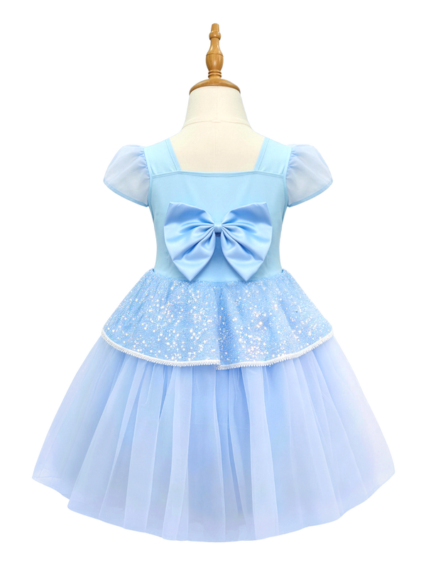 Girls Light Blue Sparkle Princess Dress, Puff Sleeve Costume with Bow Back-ALP0116