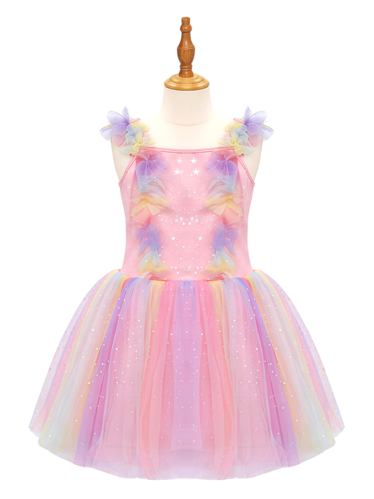 Girls Rainbow Tulle Dress with Stars - Kids Birthday Party Princess Dress-ALP0108