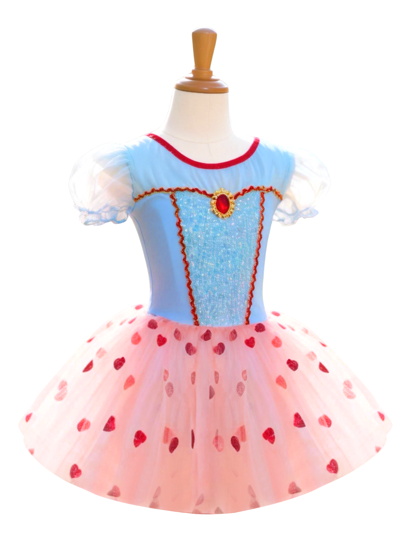 Girls Blue Pink Heart Print Tutu Puff Sleeve Dress-ALP0117