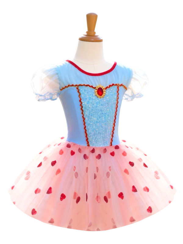 Girls Blue Pink Heart Print Tutu Puff Sleeve Dress-ALP0117
