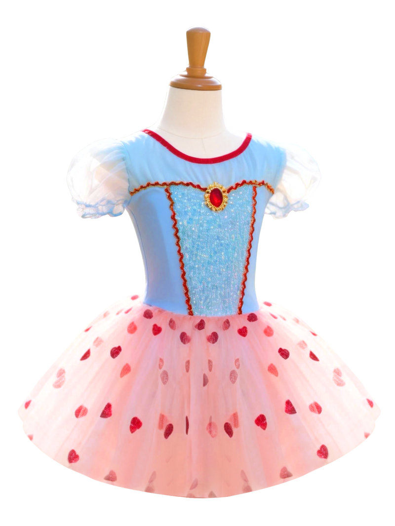 Girls Blue Pink Heart Print Tutu Puff Sleeve Dress-ALP0117