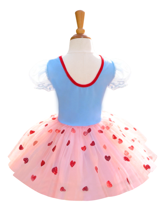 Girls Blue Pink Heart Print Tutu Puff Sleeve Dress-ALP0117