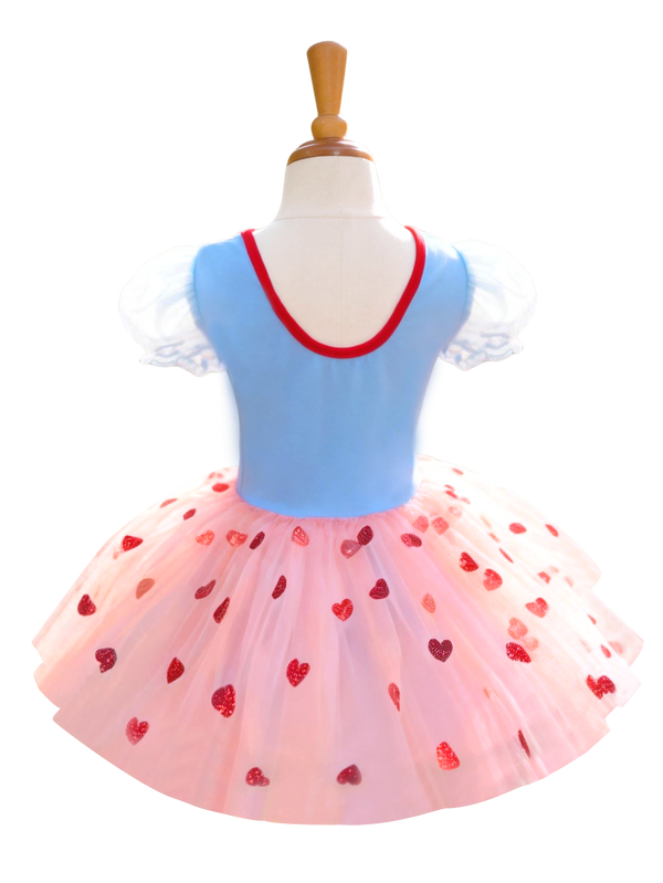 Girls Blue Pink Heart Print Tutu Puff Sleeve Dress-ALP0117