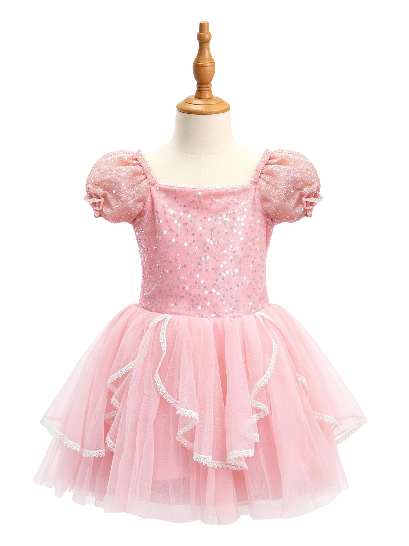 Little Girls Princess Dress Pink Puff Sleeve Sequin -ALP096