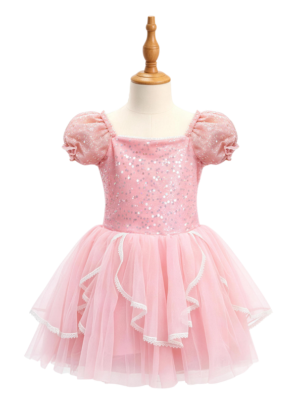 Little Girls Princess Dress Pink Puff Sleeve Sequin -ALP096