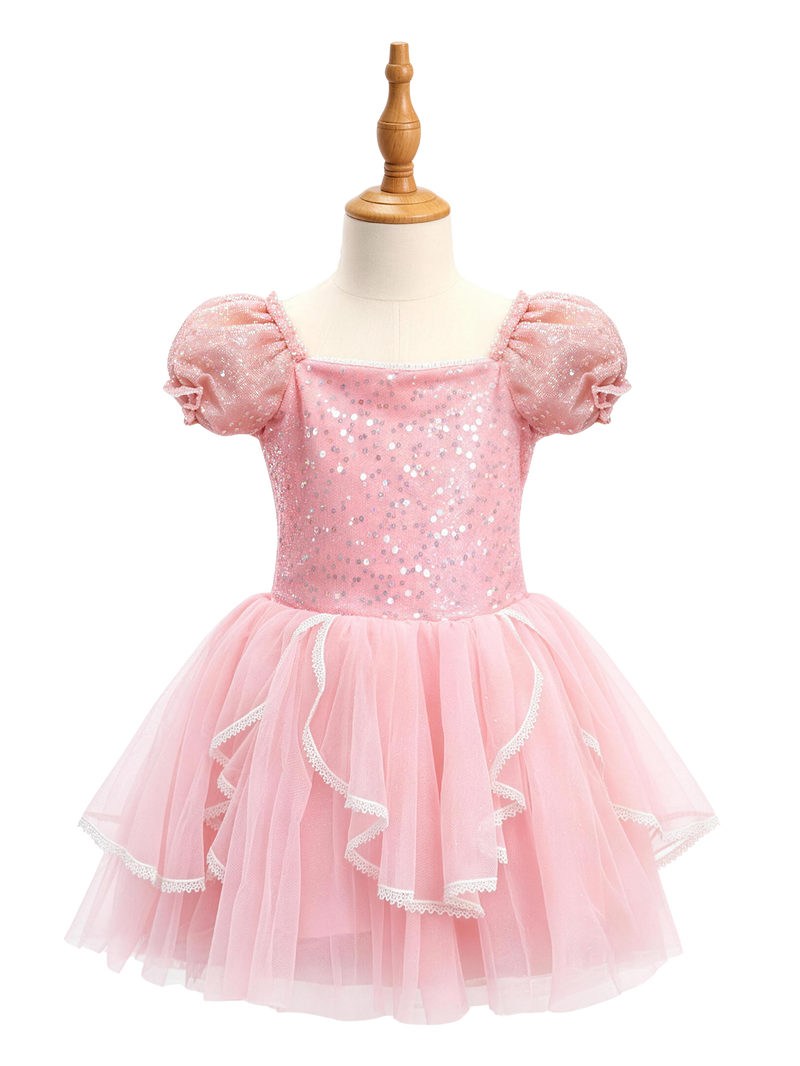 Little Girls Princess Dress Pink Puff Sleeve Sequin -ALP096