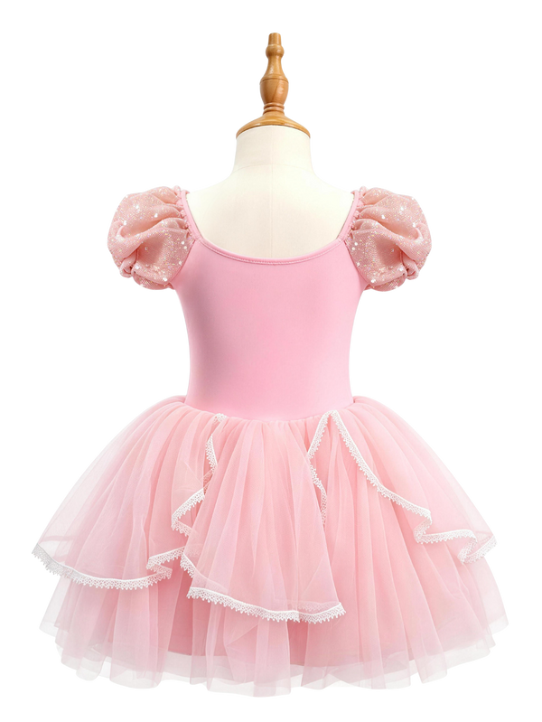 Little Girls Princess Dress Pink Puff Sleeve Sequin -ALP096