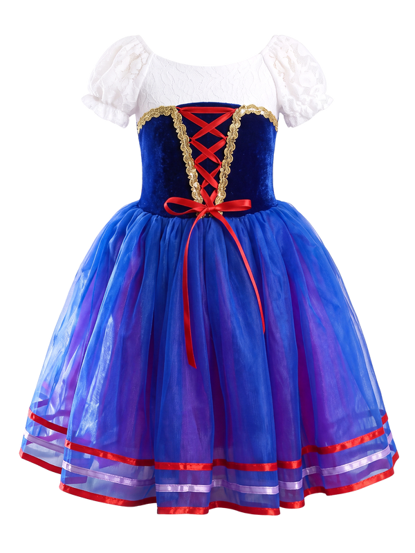 Girls Snow White Puff Lace Sleeve Ballet Tutu Dance Costume