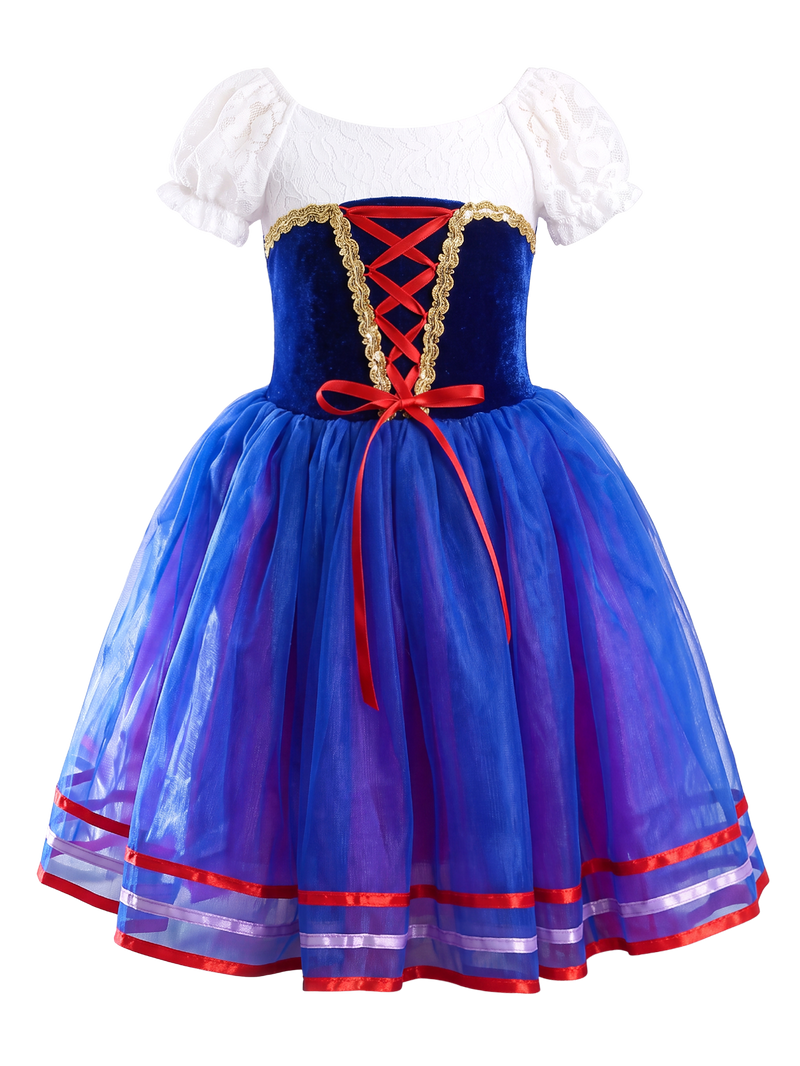 Girls Snow White Puff Lace Sleeve Ballet Tutu Dance Costume