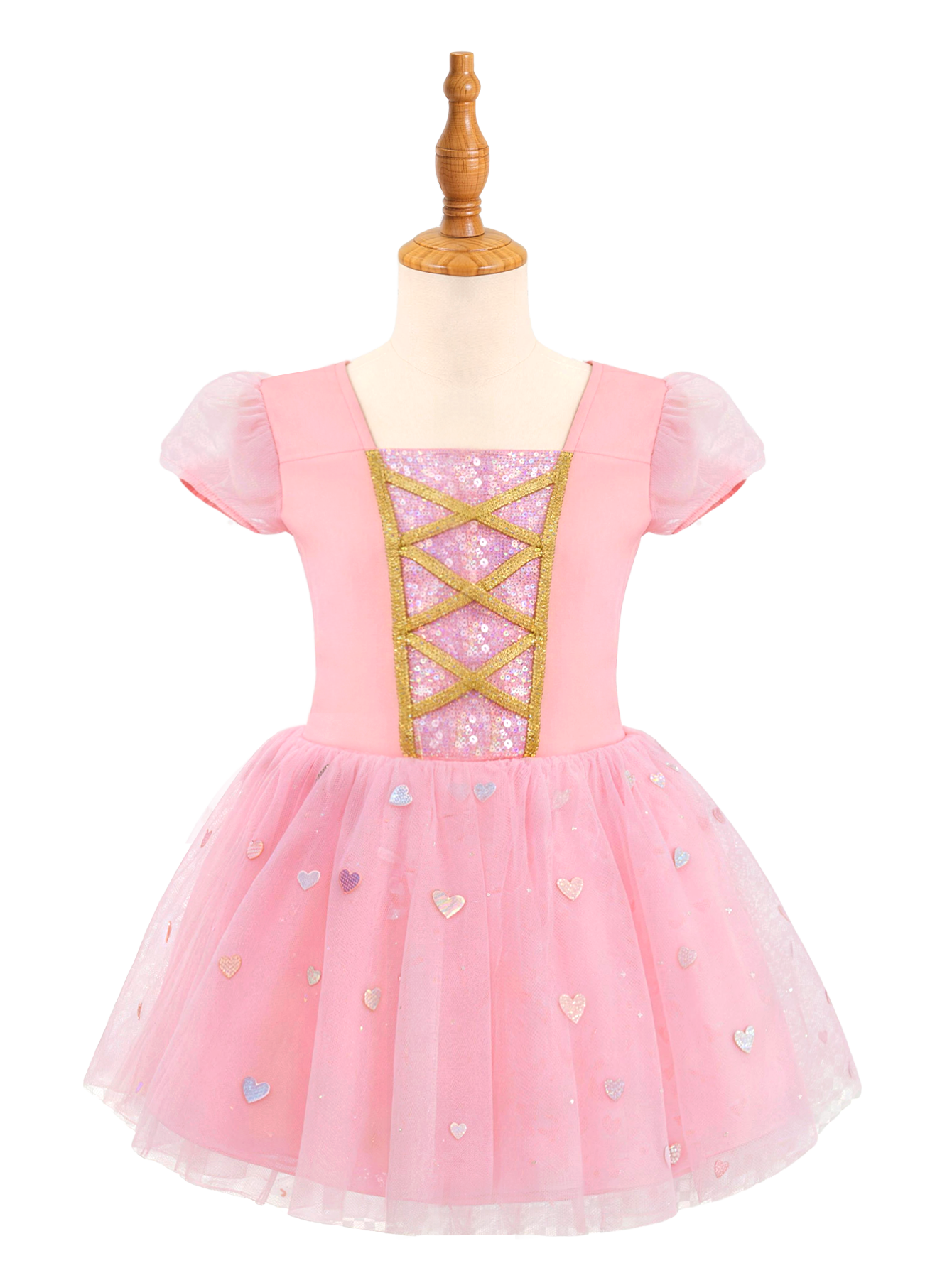 Pink Girls Princess Dress, Puff Sleeve Sparkle Tutu Costume with Heart Skirt-ALP0104