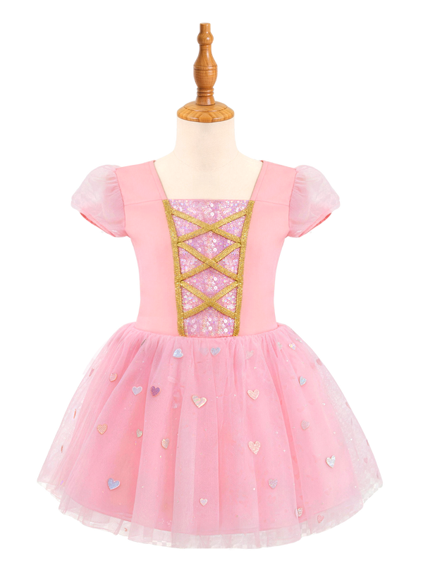 Pink Girls Princess Dress, Puff Sleeve Sparkle Tutu Costume with Heart Skirt-ALP0104
