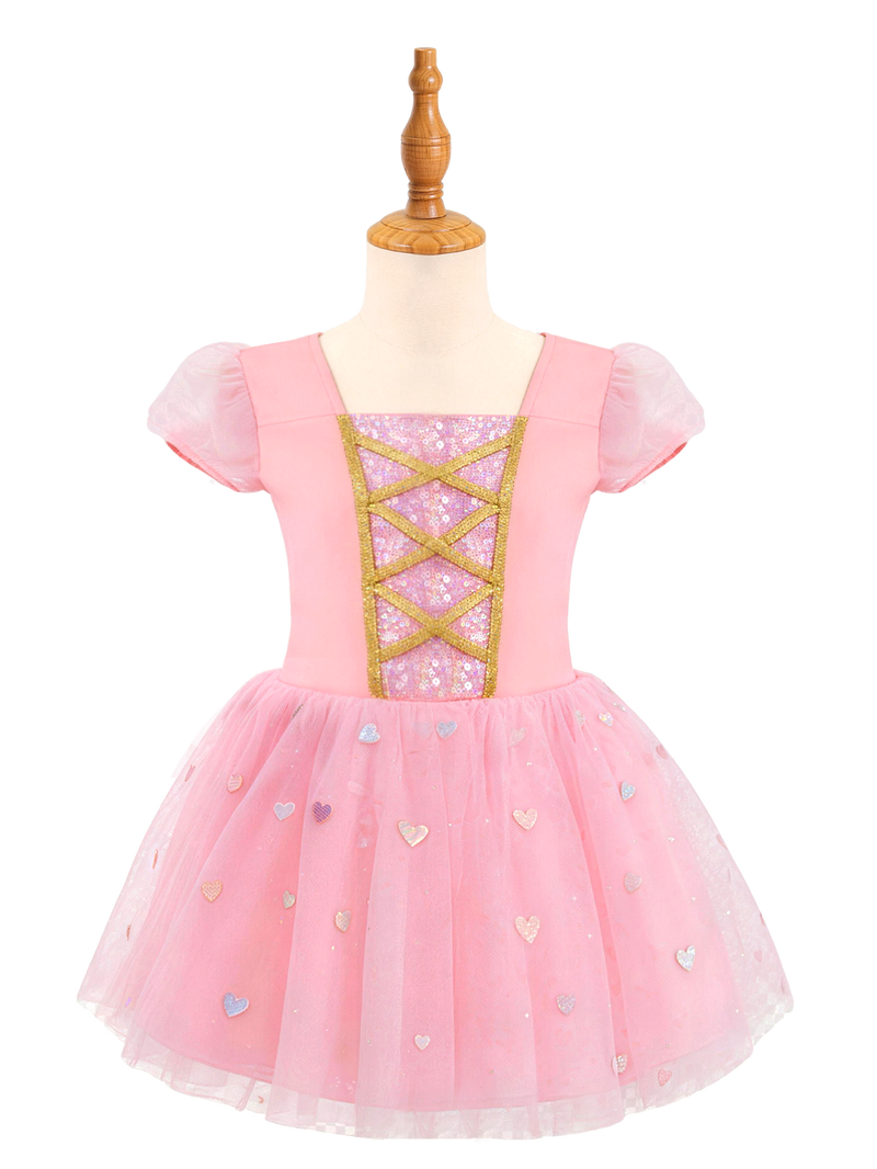 Pink Girls Princess Dress, Puff Sleeve Sparkle Tutu Costume with Heart Skirt-ALP0104