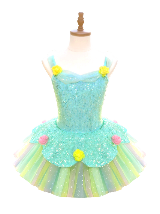 Girls Green Floral Ballet Leotard Princess Tutu-ALP0119