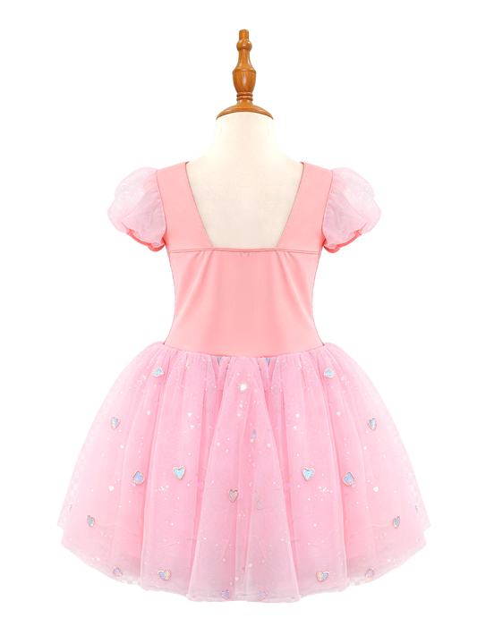 Pink Girls Princess Dress, Puff Sleeve Sparkle Tutu Costume with Heart Skirt-ALP0104