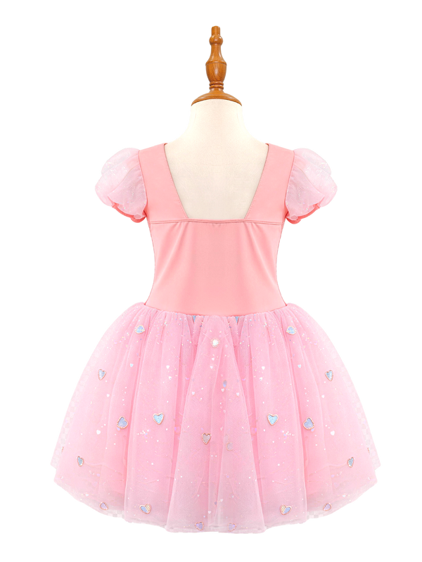 Pink Girls Princess Dress, Puff Sleeve Sparkle Tutu Costume with Heart Skirt-ALP0104