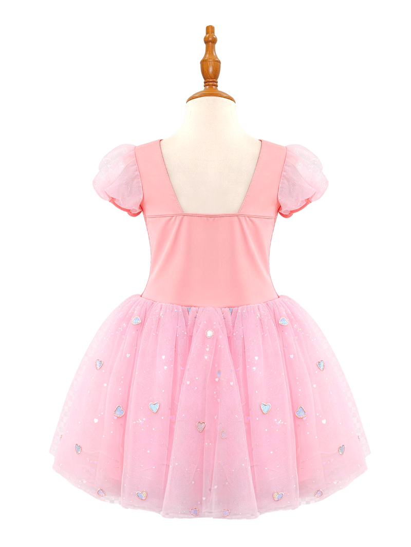 Pink Girls Princess Dress, Puff Sleeve Sparkle Tutu Costume with Heart Skirt-ALP0104