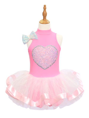 Kids Jazz Dance Leotard - Tutu Romper with Sequin Heart & Bow-JSP003