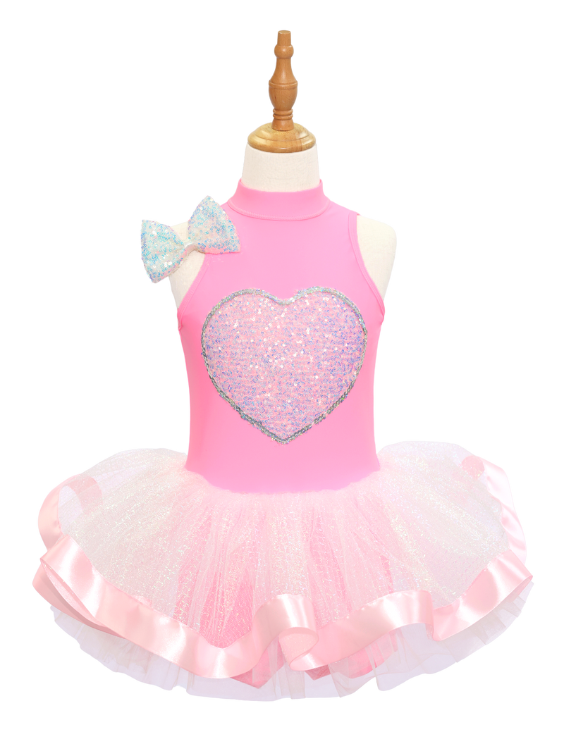Kids Jazz Dance Leotard - Tutu Romper with Sequin Heart & Bow-JSP003